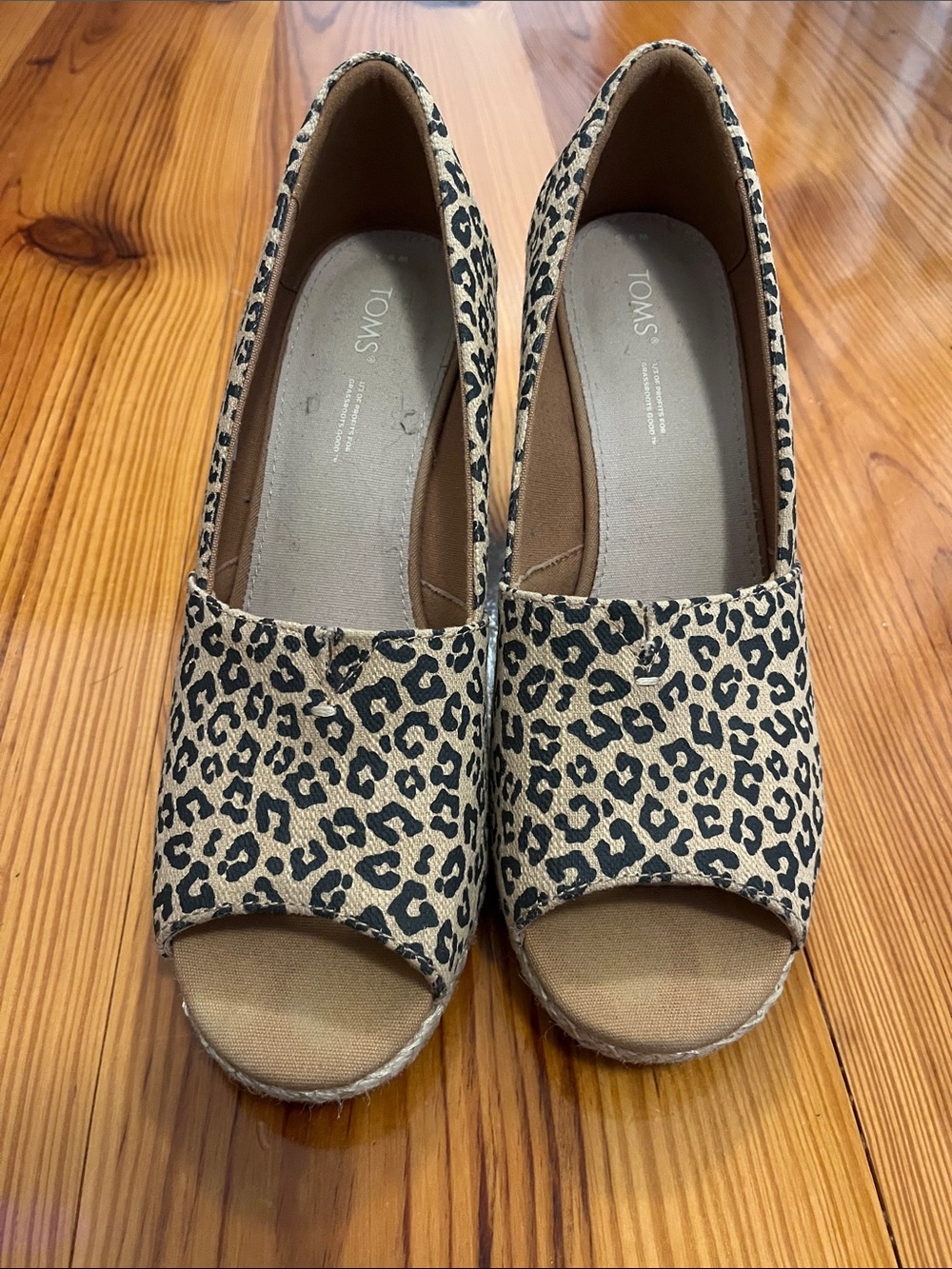 TOMS Leopard Print Peep-Toe Espadrilles in Tan and Black